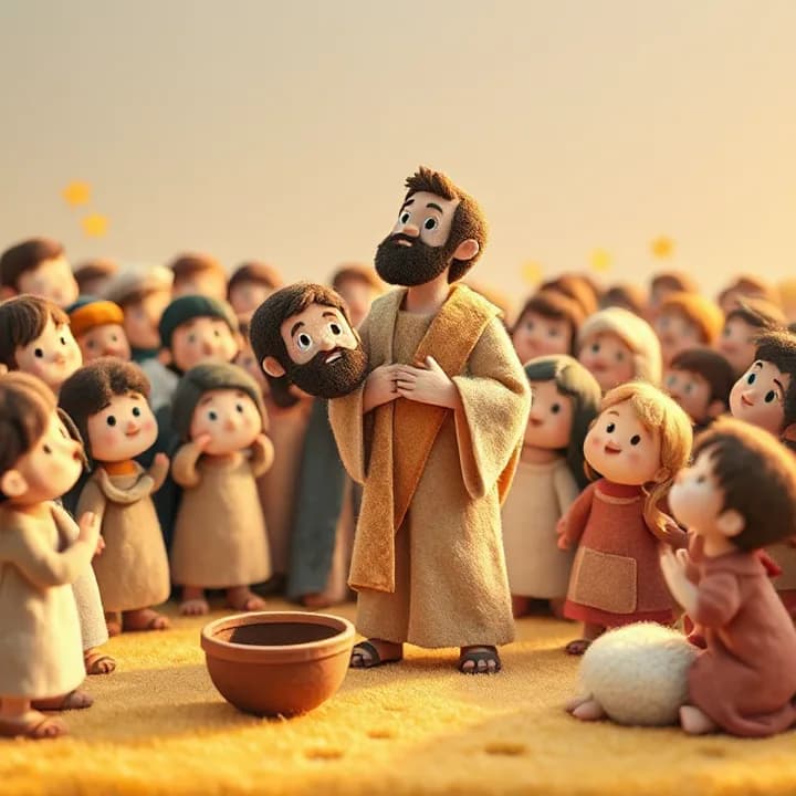 Felt and wool illustration: Bartimaeus now stands, his eyes open in wonder, gripping Jesus' robe. His begging bowl lies forgotten on the ground. A crowd of children and adults watches, some with stars over their heads to show awe.