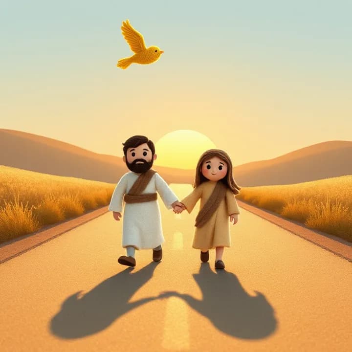 Felt and wool illustration: Bartimaeus walks with Jesus, both holding hands. Their shadows stretch long on the road, with a sunrise in the background. A bird made of yellow yarn flies above them, symbolizing freedom.