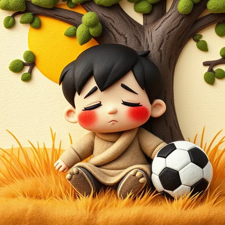 Felt and wool illustration: A tired boy (Mateo) with red cheeks and puffed-out cheeks, sitting under a tree with a soccer ball nearby. His eyes are half-closed, and his arms are drooping. The background has a bright yellow sun and dry grass.