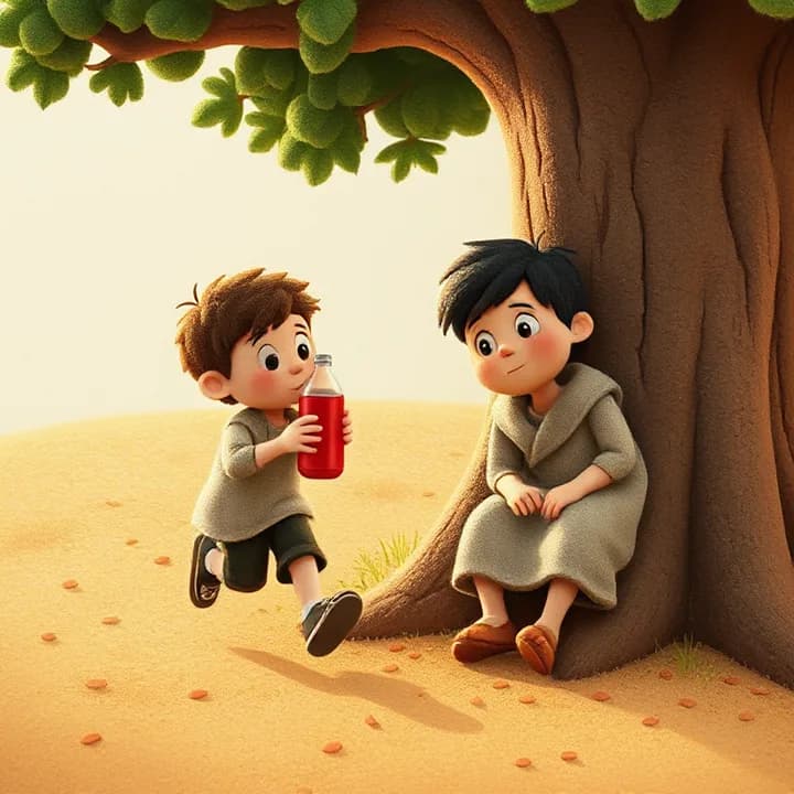 Felt and wool illustration: A boy (Lucas) running toward Mateo, holding a red soda bottle. Mateo is slumped against the tree, looking up with wide, tired eyes. The ground has scattered dust particles.