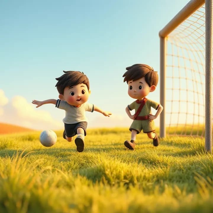 Felt and wool illustration: Mateo sprinting across a field, feet barely touching the ground. His soccer uniform flaps in the wind, and his eyes are sparkling. Lucas watches from the goalpost, hands on hips.
