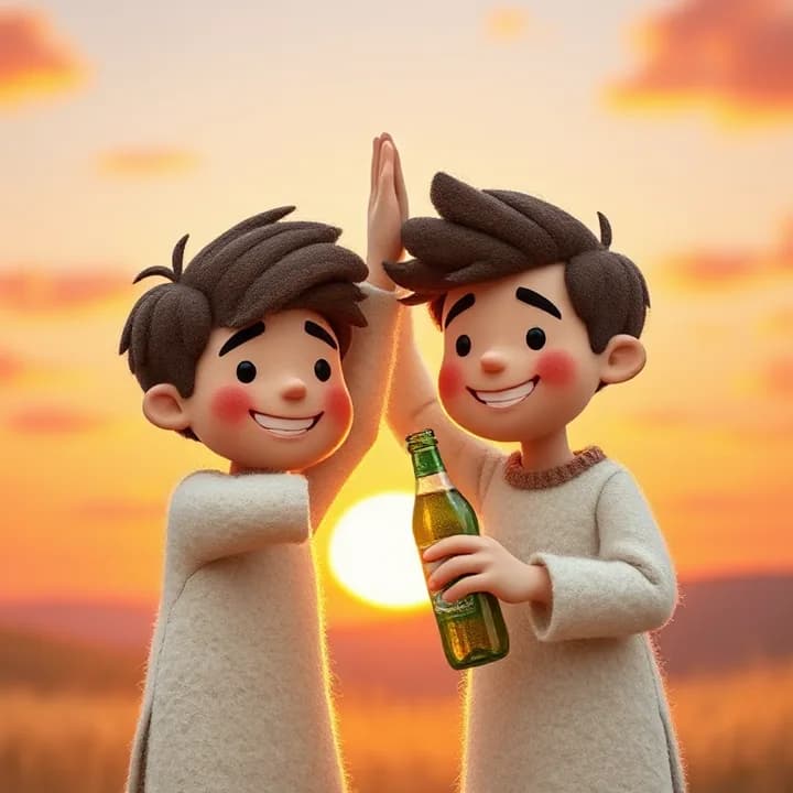 Felt and wool illustration: Mateo and Lucas high-fiving with big smiles. The sun is setting behind them, painting the sky in orange and pink. Mateo's hair is tousled, and Lucas holds the soda bottle.