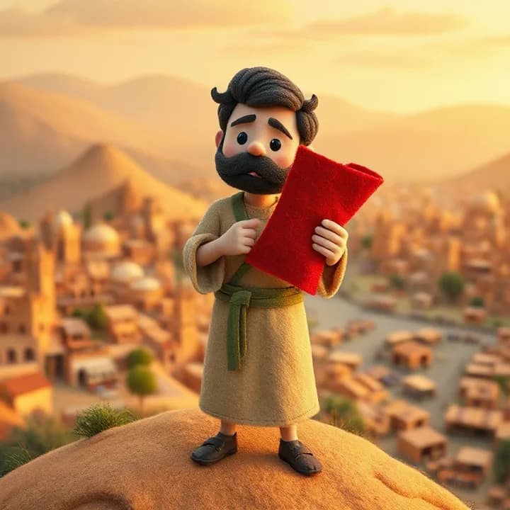 Felt and wool illustration: Jonah holding a red felt scroll, standing on a hill overlooking a colorful, sprawling city of Nínive with clay buildings and market stalls, his face showing nervous determination