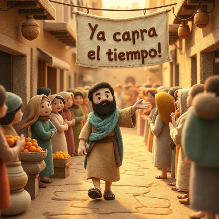 Felt and wool illustration: Jonah walking through a crowded street with merchants selling fruits and pottery, people turning to look at him as he points to a banner with '¡Ya se acaba el tiempo!' written in felt letters
