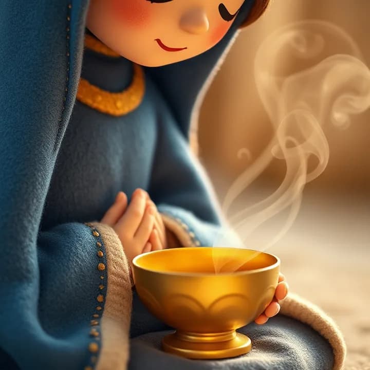 Felt and wool illustration: A close-up of the queen (in royal blue felt robes) burning incense in a golden bowl, smoke curling into the air as she kneels with her hands clasped in prayer
