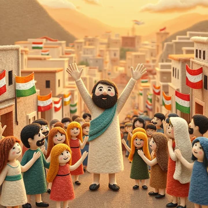 Felt and wool illustration: The entire city of Nínive with colorful banners of peace, people of all ages holding hands in the streets, and a tiny Jonah smiling in the background with his arms raised