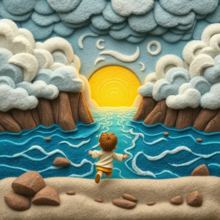 Felt and wool illustration: A stormy sky with a child running toward a glowing river, the ocean vanishing behind him, with crumbling rocks and swirling clouds in the background