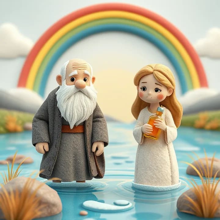 Felt and wool illustration: An elderly man with white beard walking on a crystal river, a woman holding a perfume bottle with hesitant eyes, both under a rainbow arch