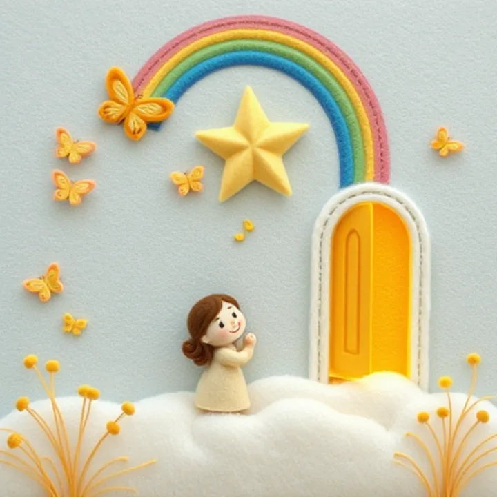 Felt and wool illustration: A child laughing as tears turn into butterflies, a woman's perfume dissolving into a floating star, and a golden door opening under a rainbow