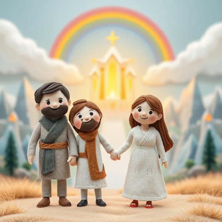 Felt and wool illustration: A family holding hands in front of a crystal city, with a glowing throne in the distance, smiling faces and a rainbow arching over them