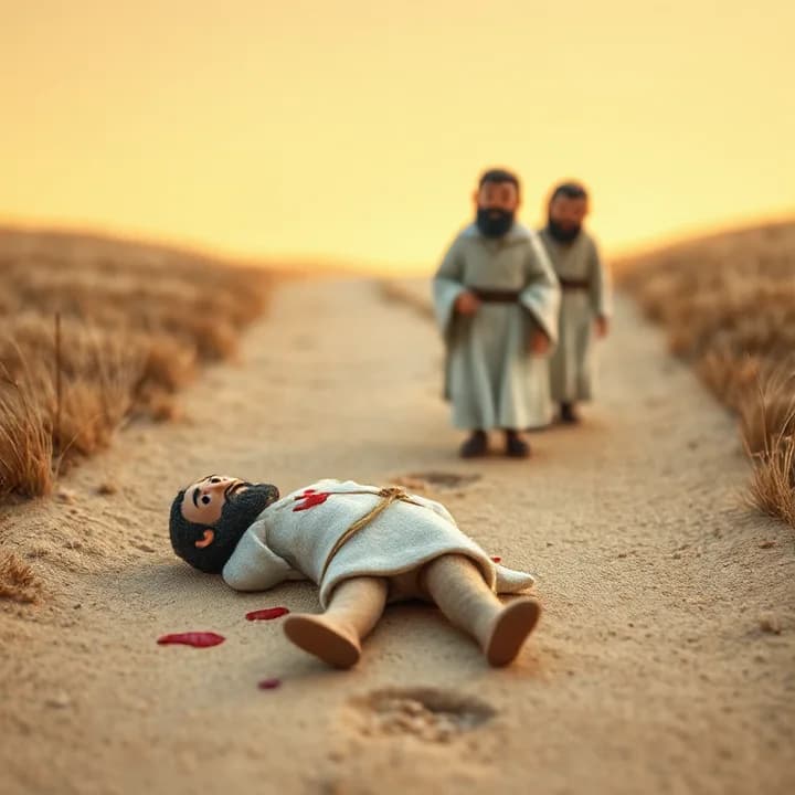 Felt and wool illustration: A dusty road with a man lying on the ground, blood on his clothes, two men in priestly robes walking away with worried faces
