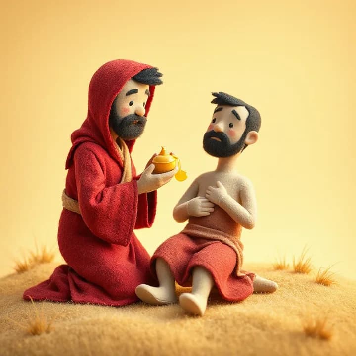 Felt and wool illustration: A Samaritan in red robes kneeling beside the injured man, pouring oil on his wound while the man clutches his stomach in pain