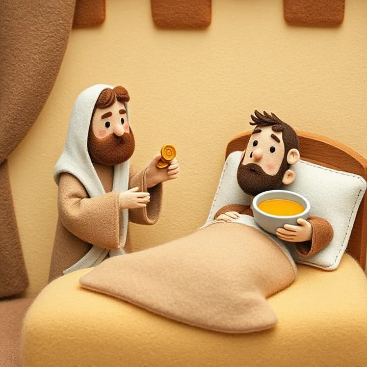 Felt and wool illustration: The Samaritan paying the innkeeper with coins, the injured man smiling weakly in bed, the innkeeper holding a bowl of soup
