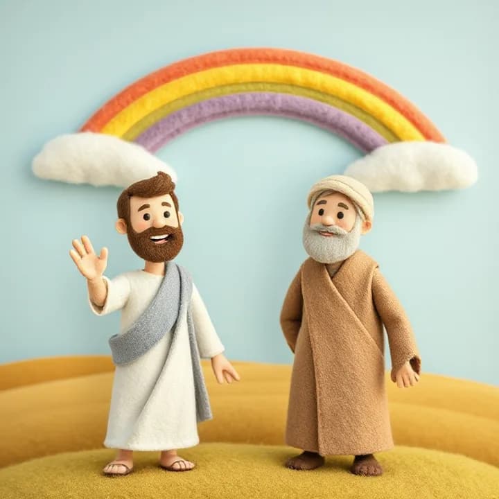 Felt and wool illustration: The healed man waving goodbye to the Samaritan, both smiling broadly, with a rainbow above them in the sky