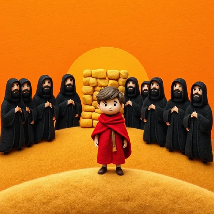 Felt and wool illustration: A boy named Elias in a red cloak stands on a hill, facing ten prophets with black robes and angry faces. Behind them, a dry altar made of yellow stones. Warm orange sunset in the background.