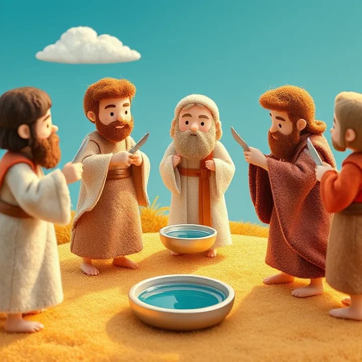 Felt and wool illustration: The prophets dance around the altar, cutting their arms with tiny knives. Elias stands still, holding a bowl of water. The sky is bright blue with no clouds.