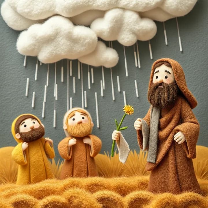 Felt and wool illustration: Rain clouds suddenly appear. The prophets fall backward in shock, their robes soaked. Elias holds a flower in his hand, smiling.