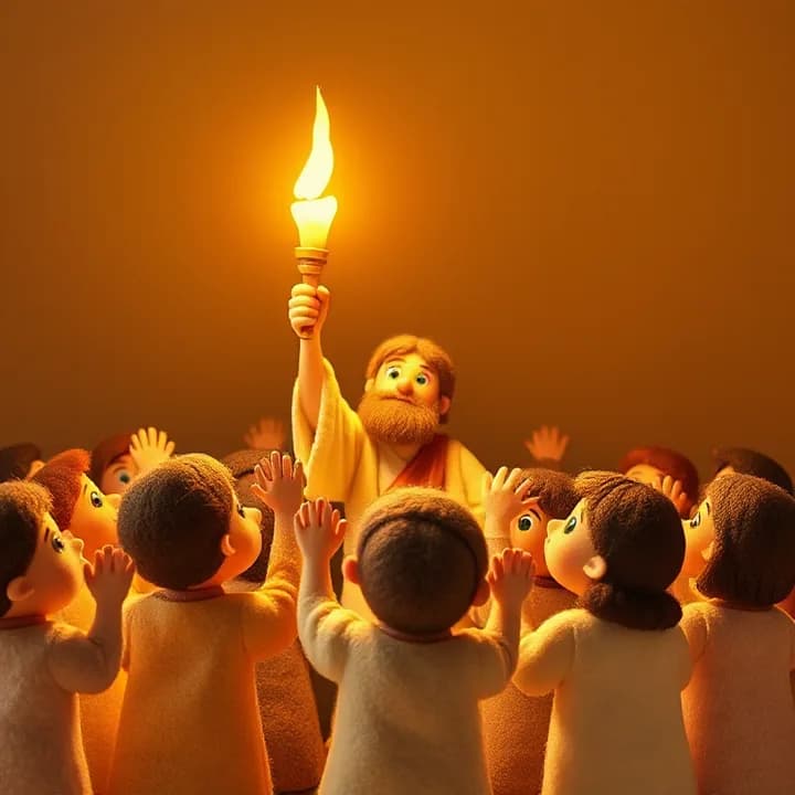 Felt and wool illustration: A crowd of people kneel with wide eyes, hands raised toward the sky. Elias stands tall, holding a torch that glows with golden light.