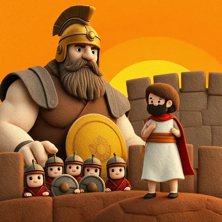 Felt and wool illustration: A giant (Goliath) with a bronze helmet and shield, towering over Israelite soldiers hiding behind a wall. The sky is orange with sunset. David stands in the background, holding a slingshot and a bag of stones.