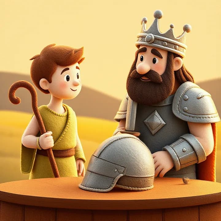 Felt and wool illustration: David (a young shepherd boy with a shepherd's staff) talking to King Saul (wearing a crown and armor). Saul looks surprised, holding a sword. Goliath's helmet is on the table between them.