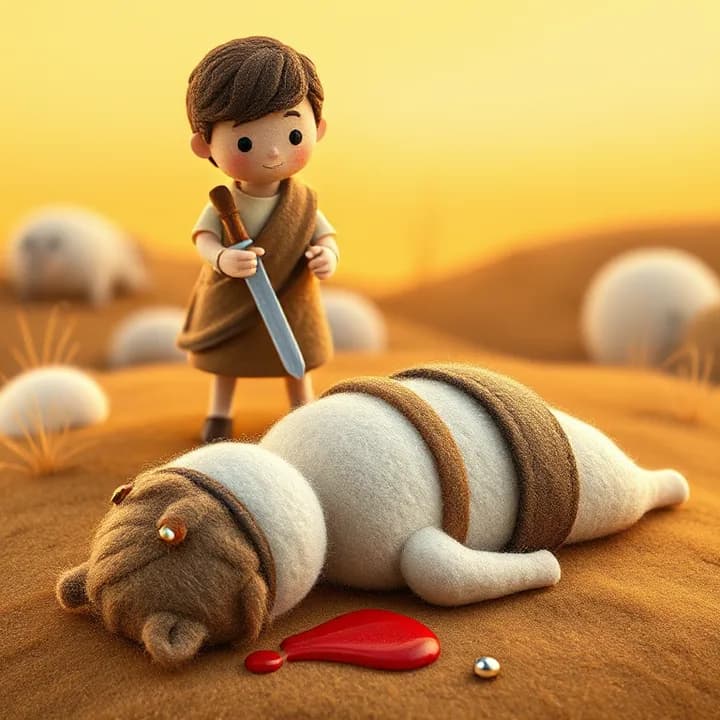 Felt and wool illustration: Goliath lying face-down on the battlefield. David stands over him, holding a sword. His shepherd's staff is nearby. Blood (red felt) is on the ground near Goliath's head.