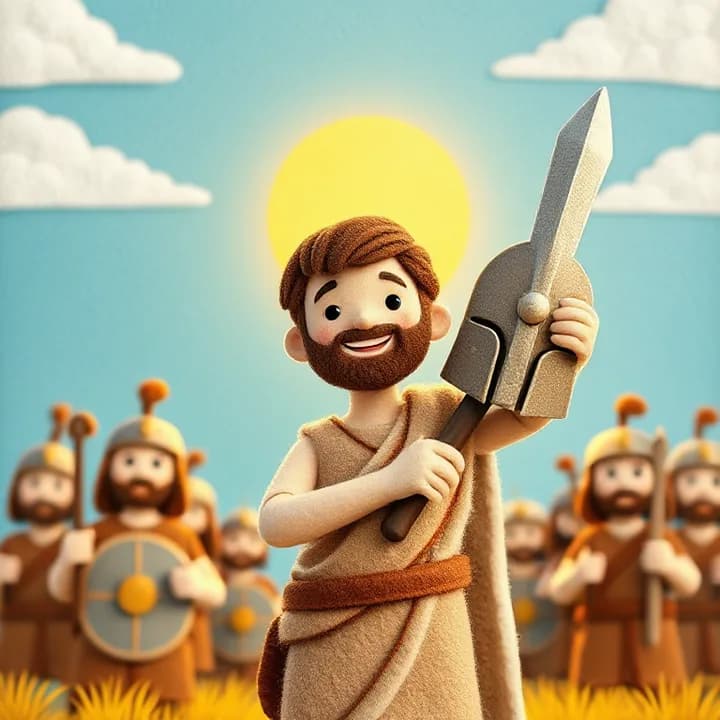 Felt and wool illustration: David holding Goliath's helmet and sword, smiling with his shepherd's bag. Soldiers cheer behind him. The sun shines bright in a blue sky.