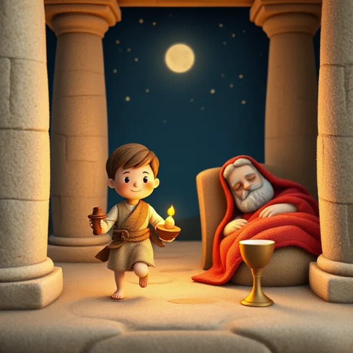 Felt and wool illustration: A barefoot boy (Samuel) with a clay oil lamp, running through stone temple pillars at night. An elderly man (Eli) sleeps under a red blanket, a wine cup nearby.