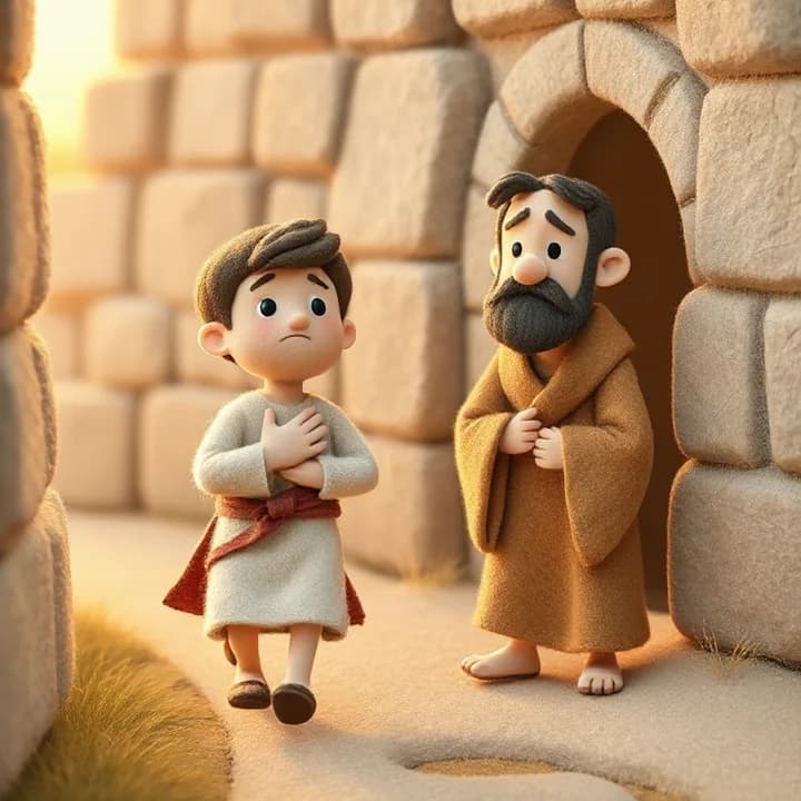 Felt and wool illustration: Samuel stops mid-run, hand on his chest, looking up at stone walls. Eli wakes up, head tilted, with a worried frown.