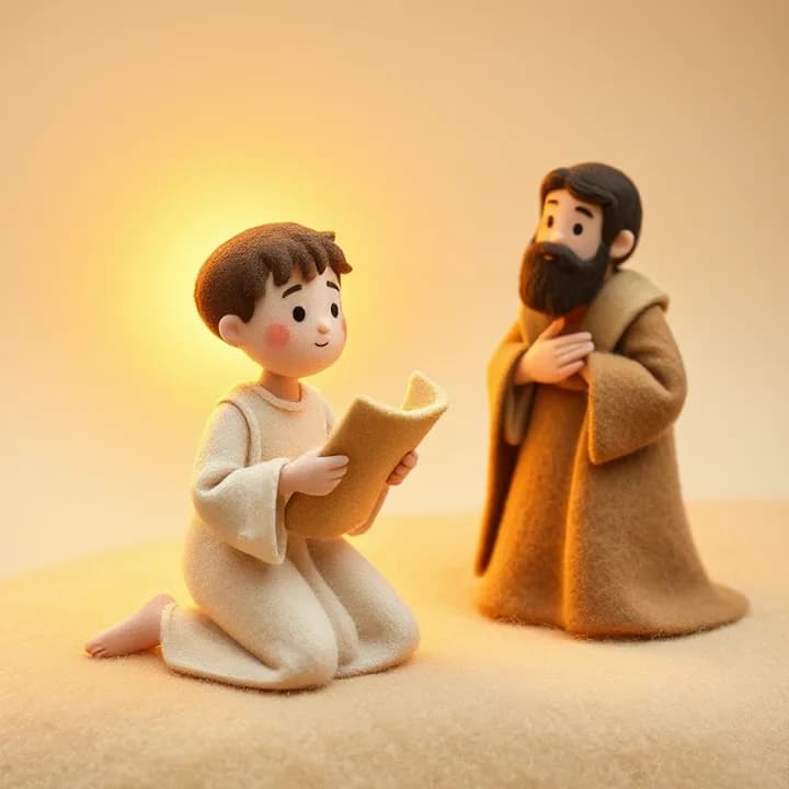 Felt and wool illustration: Samuel kneels with a scroll, speaking to a glowing golden light (God's presence). Eli watches from a distance, hand over heart.