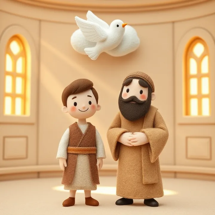 Felt and wool illustration: Young Samuel (now taller) stands with Eli, both smiling. A dove-shaped cloud hovers above them, with sunbeams shining through temple windows.