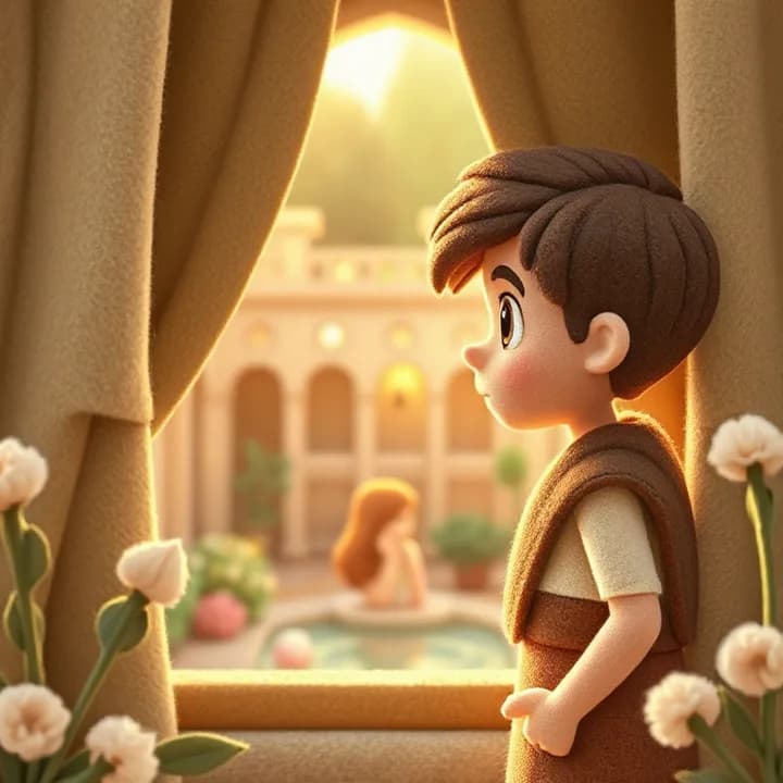 Felt and wool illustration: A young David in a palace garden, looking out the window with wide eyes at a woman bathing in a courtyard below, sunlight glowing on her hair.