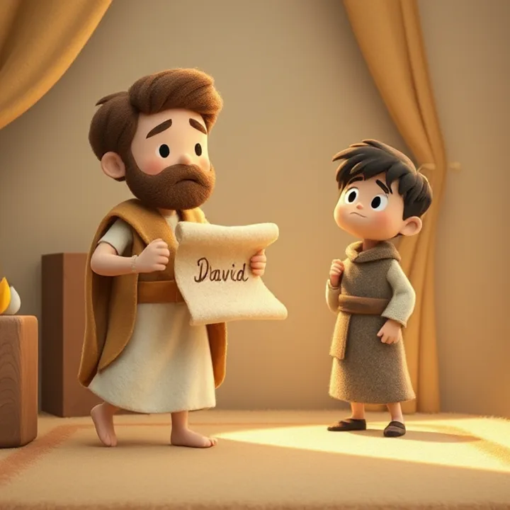 Felt and wool illustration: David pacing nervously in his room, holding a scroll with his name written on it, while a servant boy looks up at him with worried eyes.