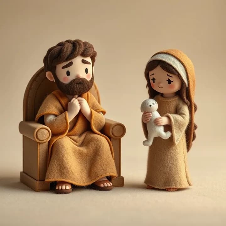 Felt and wool illustration: David sitting on a throne, head in hands, while Bathsheba stands nearby holding a baby doll, both with sad, muted colors around them.