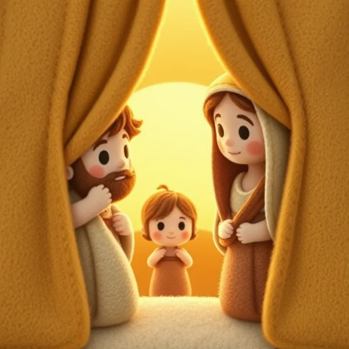 Felt and wool illustration: A small child peeking through palace curtains, seeing both David and Bathsheba, with a bright golden light shining behind them.