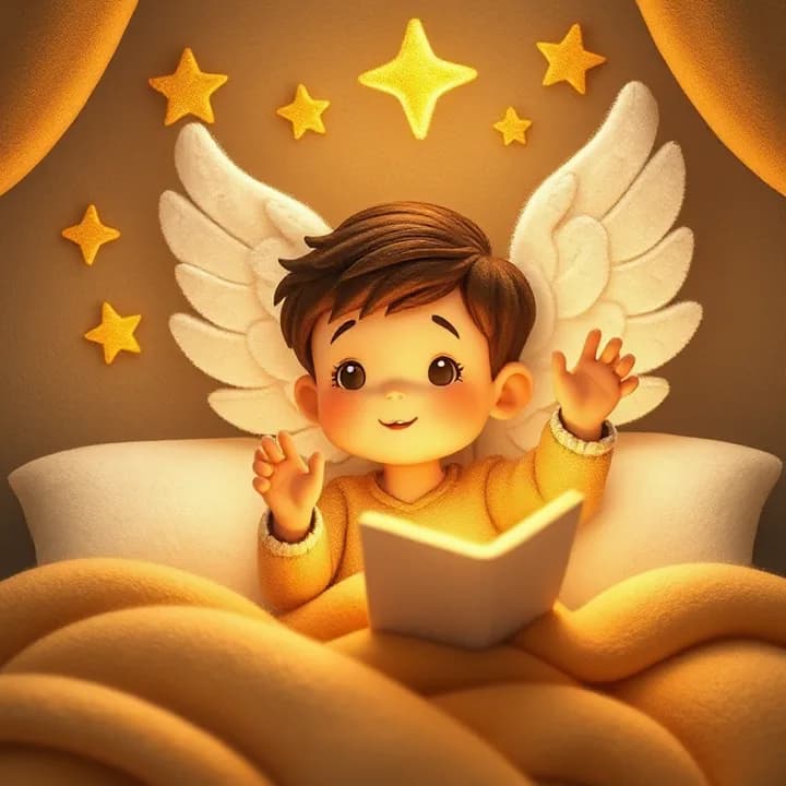 Felt and wool illustration: A young boy (David) in a bed with stars glowing around him, an angel with wings made of white felt, holding a glowing scroll, while the boy's hands reach upward in surprise