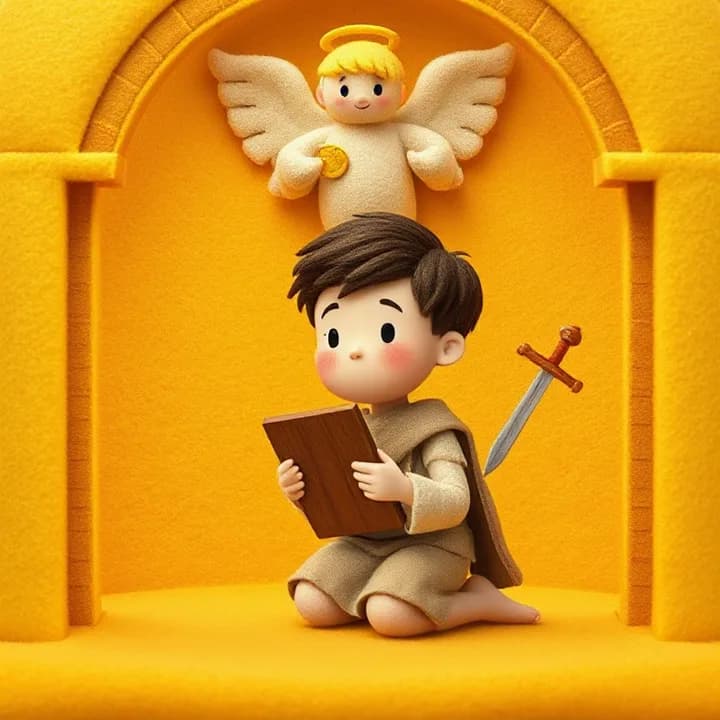 Felt and wool illustration: The boy (David) kneeling in a simple temple made of yellow felt, holding a wooden tablet, with a large felt angel hovering above him, one hand offering a golden coin, the other a sword