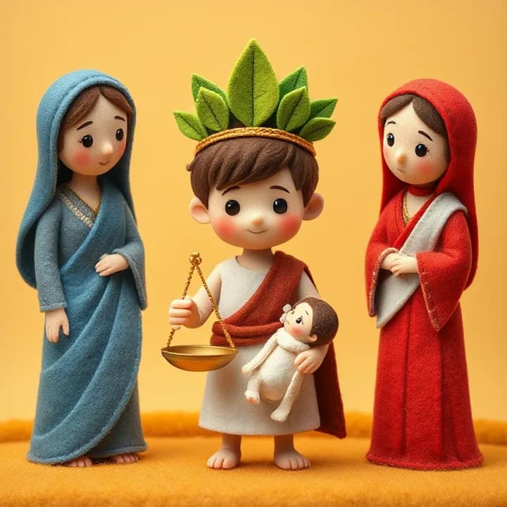 Felt and wool illustration: The boy (David) now wearing a crown made of green felt leaves, holding a scale with golden thread, with two women (one in blue, one in red felt) standing on either side arguing over a baby doll