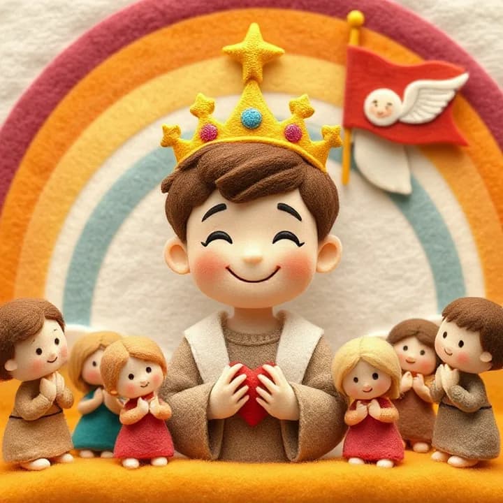 Felt and wool illustration: The boy (David) smiling with a crown of stars, surrounded by small felt people bowing with hands on hearts, while the angel waves a banner with a rainbow felt background