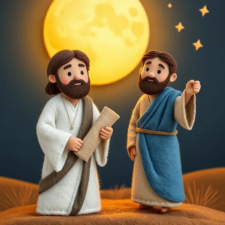 Felt and wool illustration: A man in white robe (Jesus) and a man in blue tunic (Nicodemo) standing under full moon, one holding a scroll, the other pointing at stars