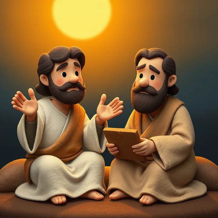 Felt and wool illustration: Two men sitting at night, one (Jesus) gesturing with open hands, the other (Nicodemo) with furrowed brow and holding a clay tablet
