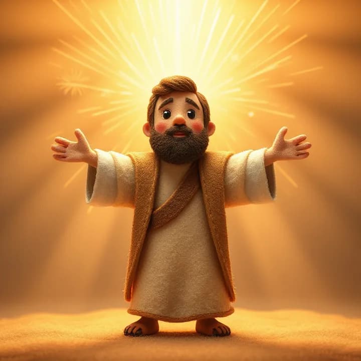 Felt and wool illustration: Nicodemo standing with wide eyes and open arms, light rays coming from his head like fireworks