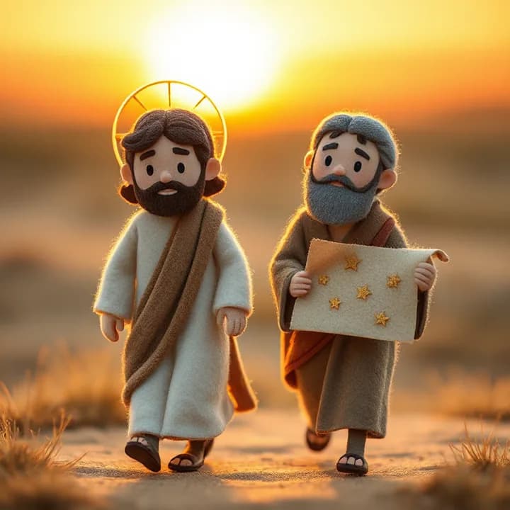 Felt and wool illustration: The two men walking away, one (Jesus) with a glowing halo, the other (Nicodemo) holding a new scroll with stars on it
