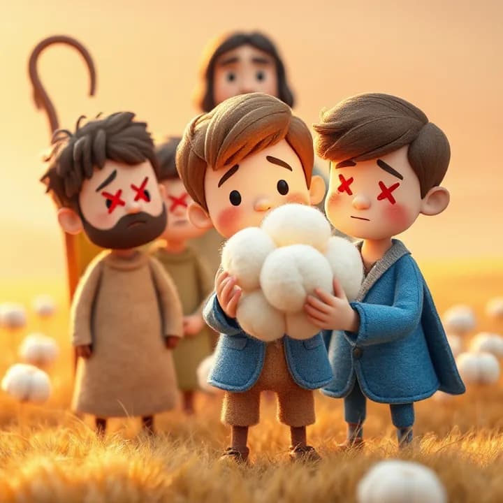 Felt and wool illustration: A young boy (José) with a shiny blue coat stands in a sunlit field, holding a glowing dream made of cotton. His older brothers (with messy hair and angry faces) look at him with red X marks over their eyes. Behind them, a worried man (Jacob) holds a shepherd's crook.