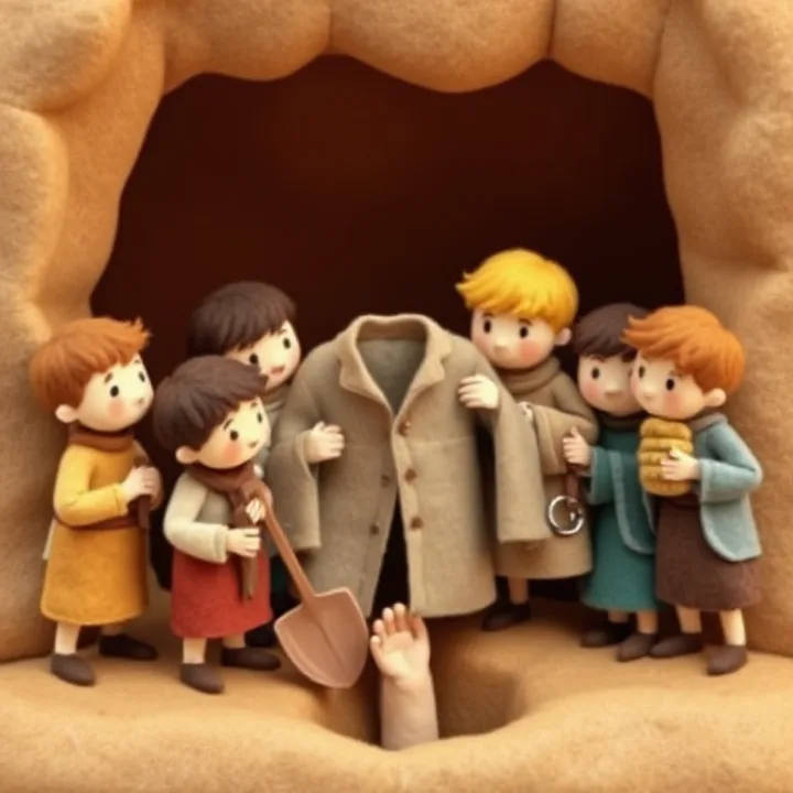 Felt and wool illustration: Seven boys (José's brothers) argue around a torn coat. One holds a shovel, another has a bag of coins. The background shows a deep, dark pit with a small hand peeking out from the bottom.