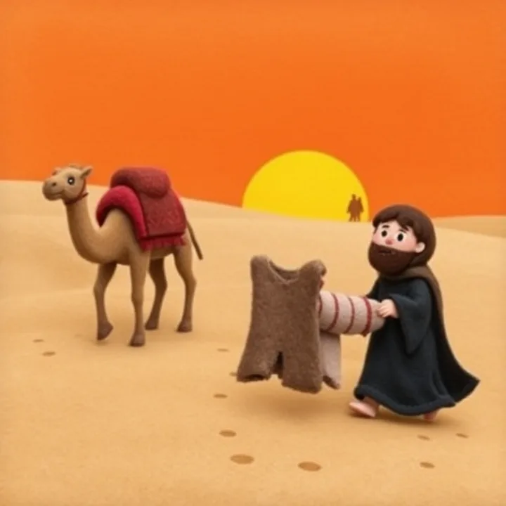 Felt and wool illustration: José's brothers (in dark robes) walk away from the pit, holding the torn coat. In the distance, a camel caravan approaches, carrying a bound José. The sky is orange with sunset.