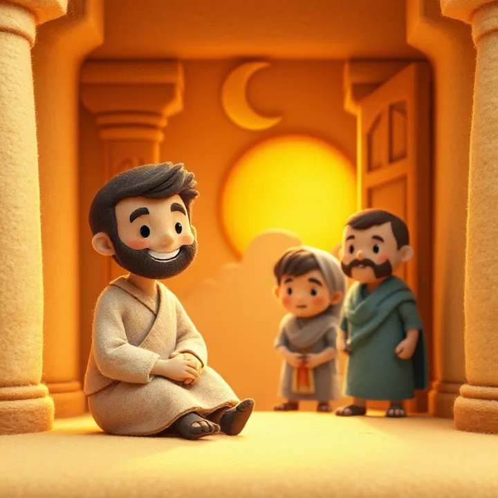 Felt and wool illustration: José (now older) sits in a bright Egyptian palace, smiling kindly at a visitor. His brothers stand in the doorway, looking nervous. A golden sun and moon are stitched in the background.