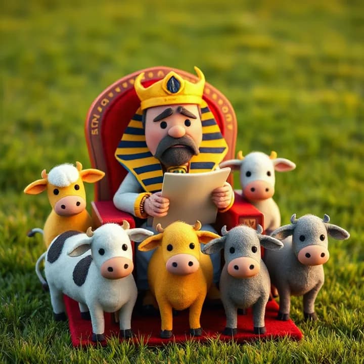 A felt Pharaoh with a worried frown, sitting on a throne made of red wool, holding a scroll. Seven fat cows in yellow and seven thin cows in gray on a green meadow background.