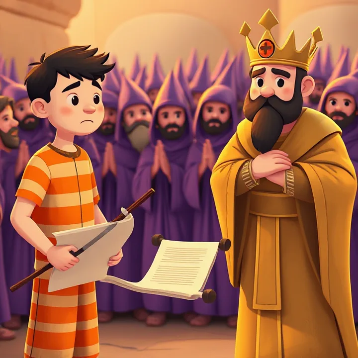 A prisoner in orange stripes, pointing at a papyrus with a stick. A king in gold robes leans forward, one hand on his chin. A crowd of magicians in purple robes in the background.