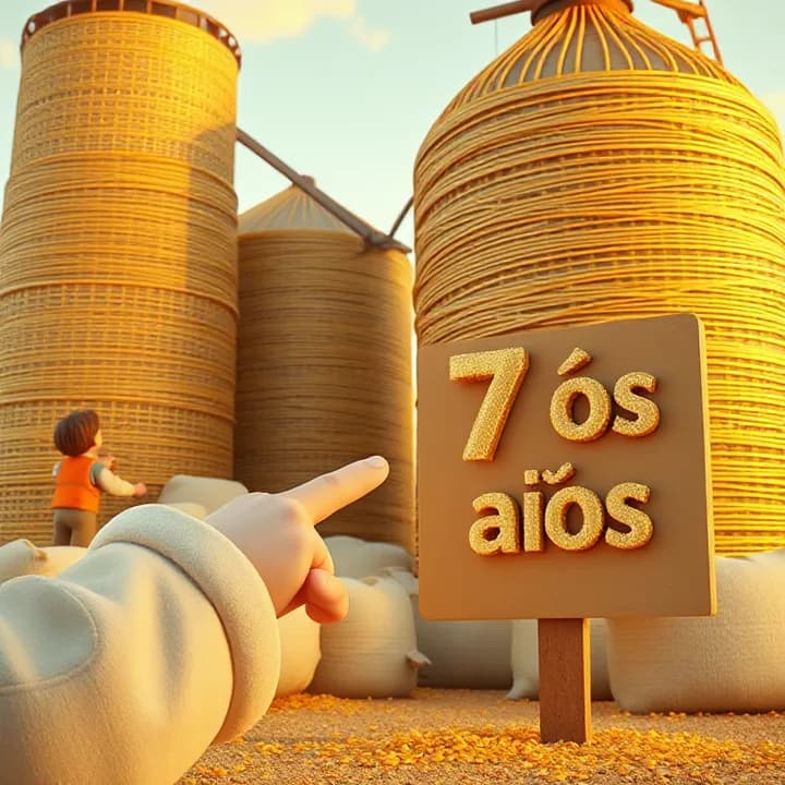 A large grain silo made of golden thread, with workers in orange vests loading sacks. A child's hand pointing at a sign that says '7 años' in felt letters.