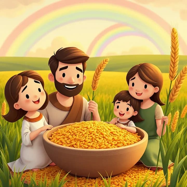 A family of four (parents and two kids) eating from a big bowl of golden grain. A smiling José in the background, holding a wheat stalk. A rainbow over a green field.